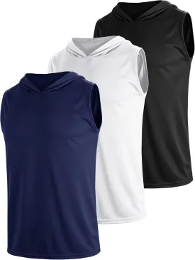 3 Pack Men's Sleeveless Workout Hoodies Dry Fit Quick Dry T Shirts with Hoods Running Gym Muscle Hooded Tank Top