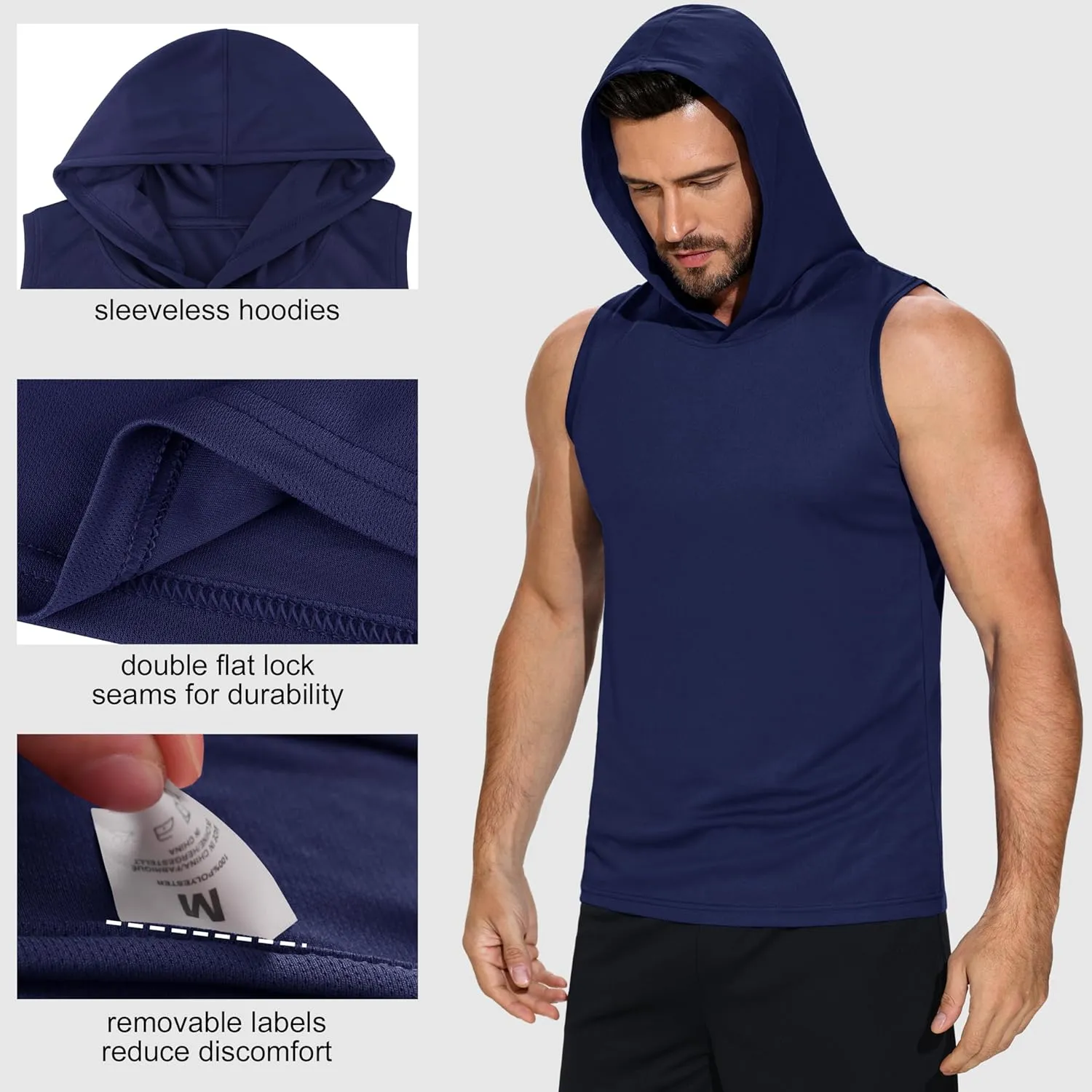 3 Pack Men's Sleeveless Workout Hoodies Dry Fit Quick Dry T Shirts with Hoods Running Gym Muscle Hooded Tank Top