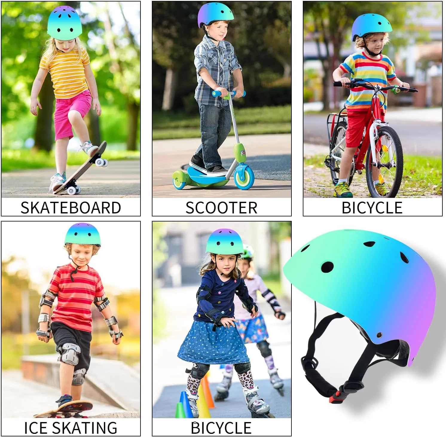 Adjustable Color Gradient Skateboard Helmet for 3-5-8-14 AgesToddler Kids Youth Adult Girls Boys Woman.Bike Helmet for Multi-Sports Cycling Bicycle Scooter Inline Roller Skate Rollerblading