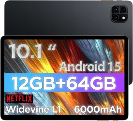 Android Tablet, 10.1 inch Android 15 Tablet, Octa-core CPU, 2 Years Protection, RAM 12GB, ROM 64GB (Up to 2 TB), 800x1280 Resolution, WiFi 6 & Bluetooth 5.4, Dual Speakers, 5MP 8MP, 6000mAh, Black