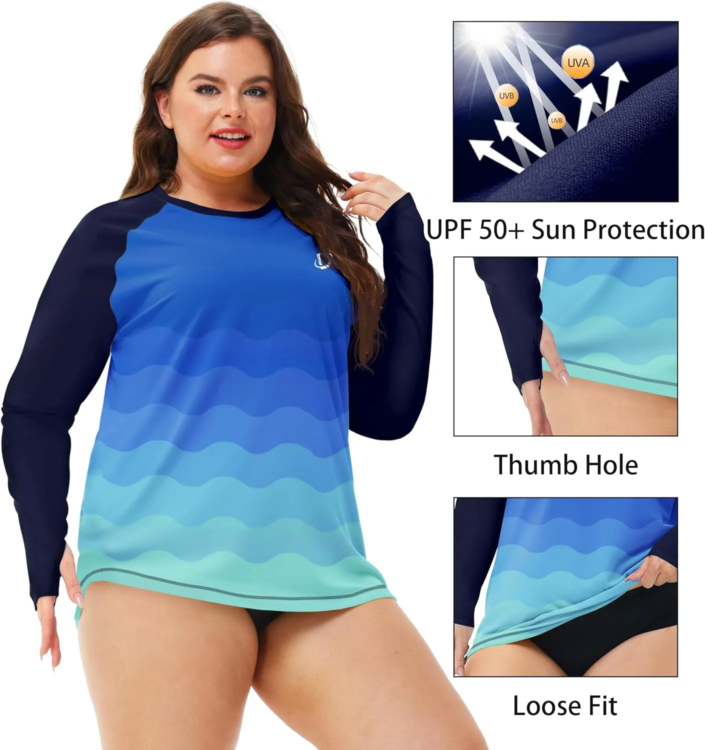 Deerose Womens Plus Size Rash Guard Long Sleeve Swim Shirts with Thumb Hole