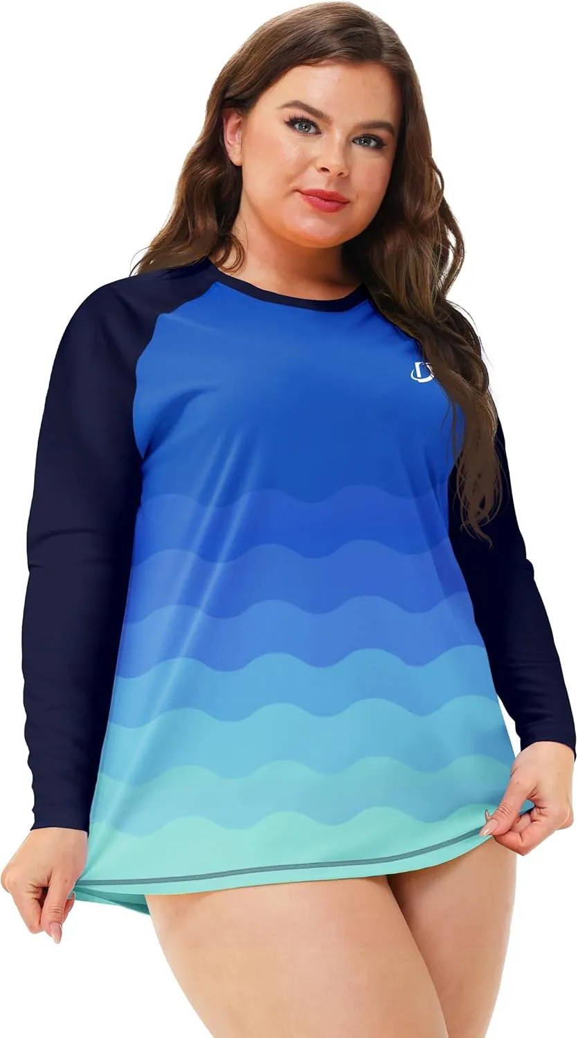Deerose Womens Plus Size Rash Guard Long Sleeve Swim Shirts with Thumb Hole