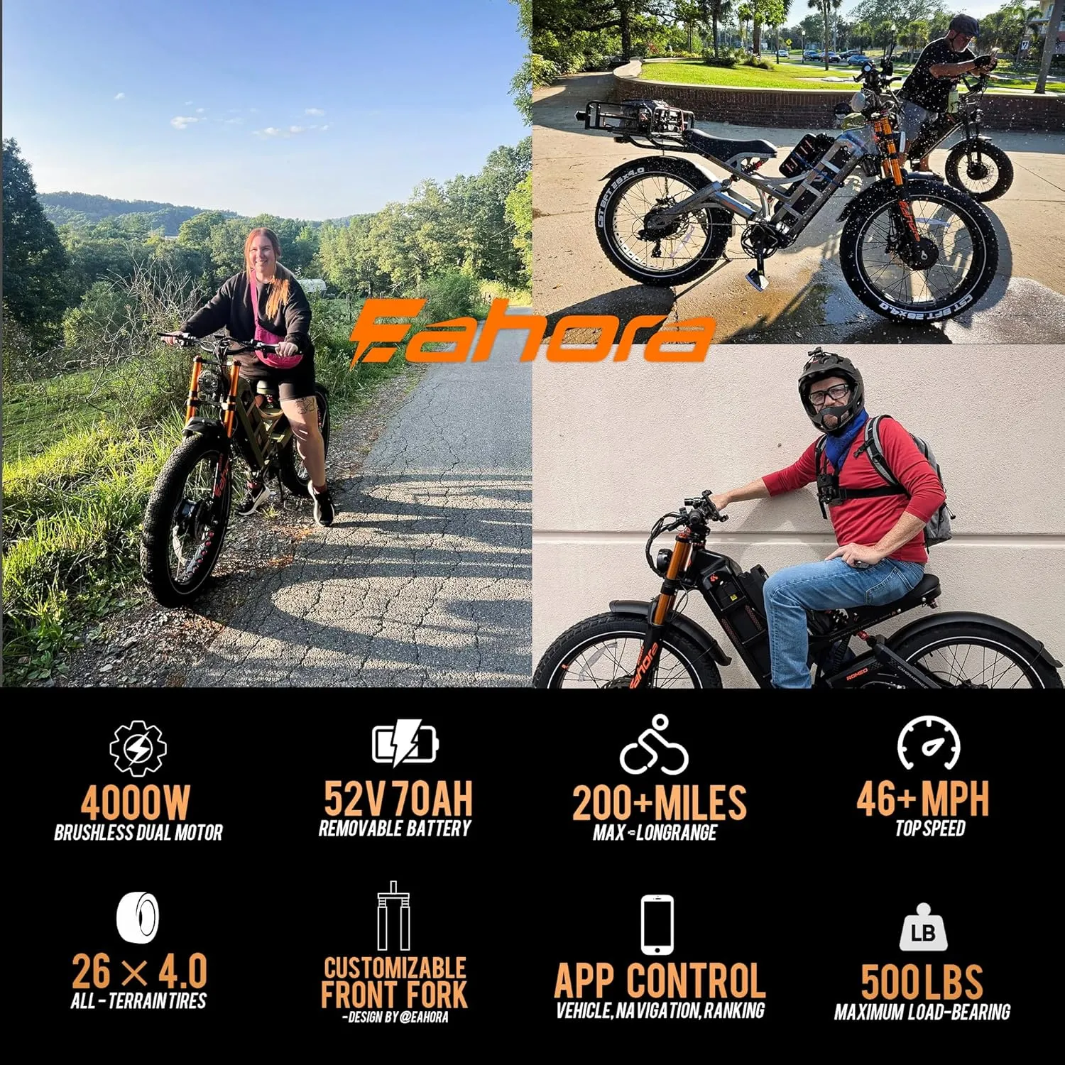 eAhora Romeo Pro 2 [2025 Version] Electric Bike for Adults, 4000W 46MPH Dual Motor Electric Bike,52V 70Ah 200  Miles Long Range Ebike,26*4.0'' Fat Tire Electric Mountain Bike, Full Suspension& UL2849