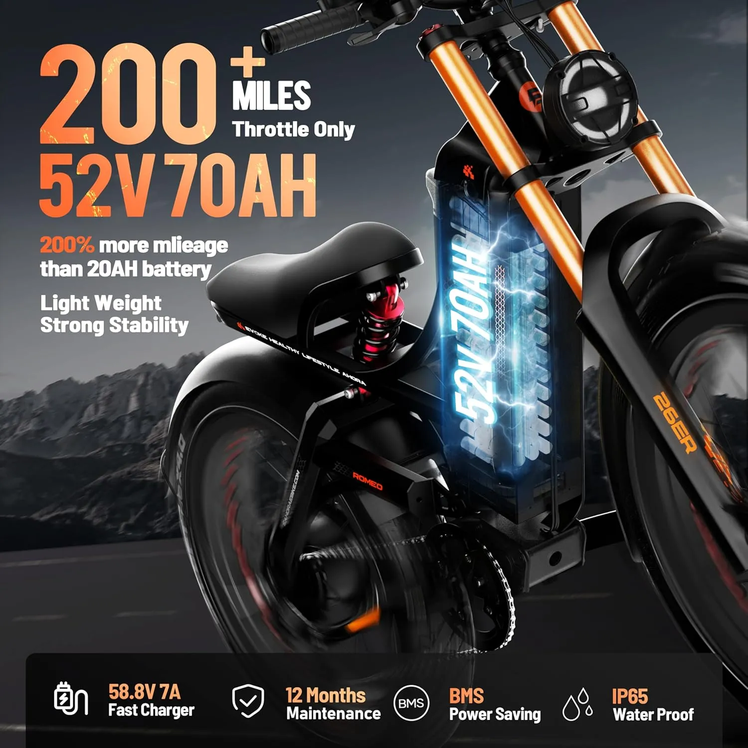 eAhora Romeo Pro 2 [2025 Version] Electric Bike for Adults, 4000W 46MPH Dual Motor Electric Bike,52V 70Ah 200  Miles Long Range Ebike,26*4.0'' Fat Tire Electric Mountain Bike, Full Suspension& UL2849