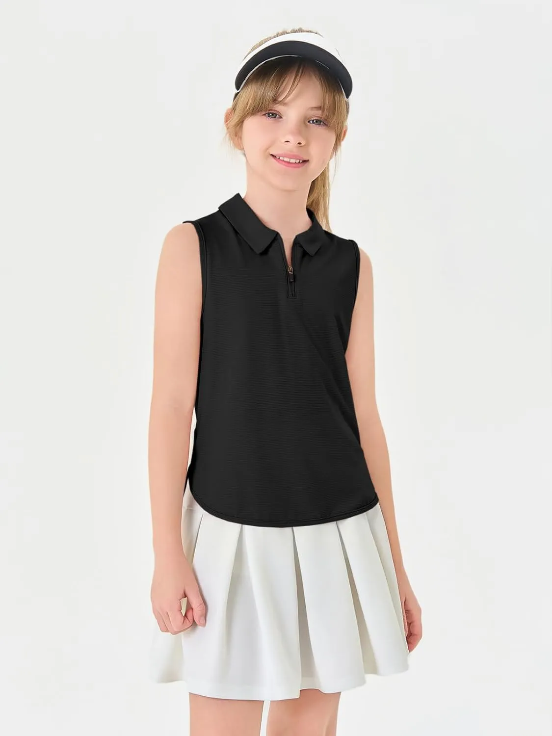 Haloumoning Girls Athletic Sleeveless Golf Polo Shirts Kids Quarter Zip Quick Dry Workout Tank Tops 5-14 Years