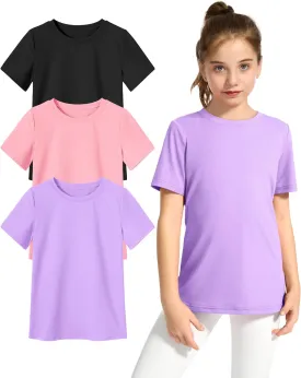 KEREDA Girls Athletic Shirts Quick Dry Short Sleeve Crew Neck T Shirts, Summer UPF 50  Tee Tops for Teen Girls 3 Pack
