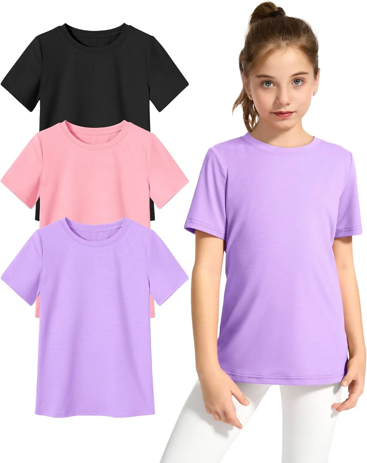KEREDA Girls Athletic Shirts Quick Dry Short Sleeve Crew Neck T Shirts, Summer UPF 50  Tee Tops for Teen Girls 3 Pack