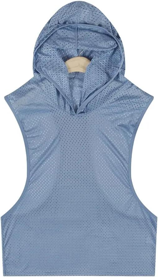 Men's Mesh Hooded Tank Tops Workout Gym Training Hoodies Sleeveless Muscle Bodybuilding Cut Off T Shirt