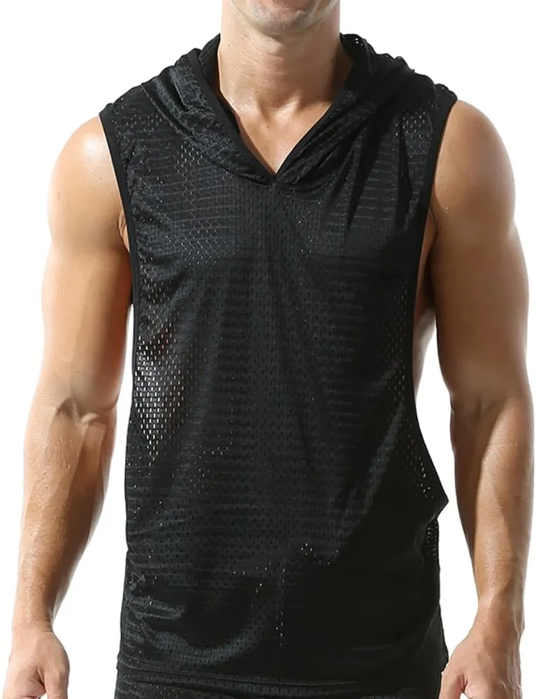 Men's Mesh Hooded Tank Tops Workout Gym Training Hoodies Sleeveless Muscle Bodybuilding Cut Off T Shirt