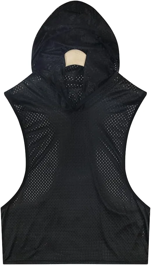Men's Mesh Hooded Tank Tops Workout Gym Training Hoodies Sleeveless Muscle Bodybuilding Cut Off T Shirt