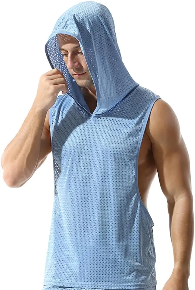 Men's Mesh Hooded Tank Tops Workout Gym Training Hoodies Sleeveless Muscle Bodybuilding Cut Off T Shirt
