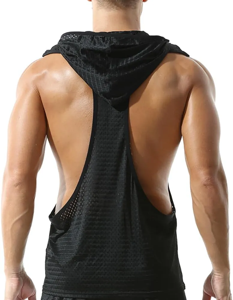 Men's Mesh Hooded Tank Tops Workout Gym Training Hoodies Sleeveless Muscle Bodybuilding Cut Off T Shirt
