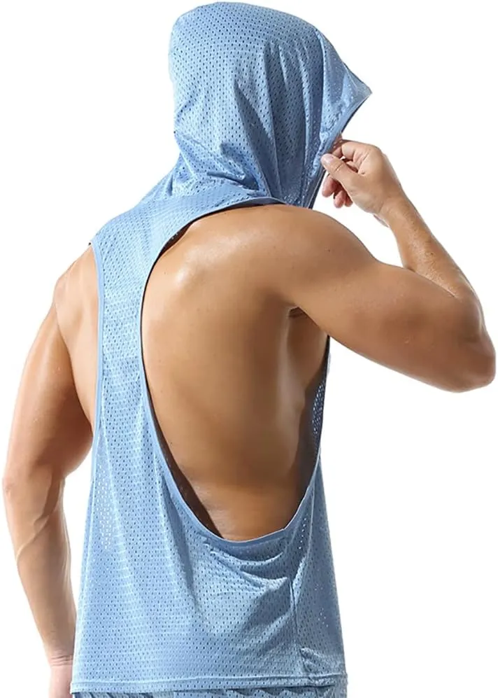 Men's Mesh Hooded Tank Tops Workout Gym Training Hoodies Sleeveless Muscle Bodybuilding Cut Off T Shirt