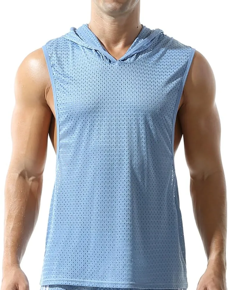 Men's Mesh Hooded Tank Tops Workout Gym Training Hoodies Sleeveless Muscle Bodybuilding Cut Off T Shirt