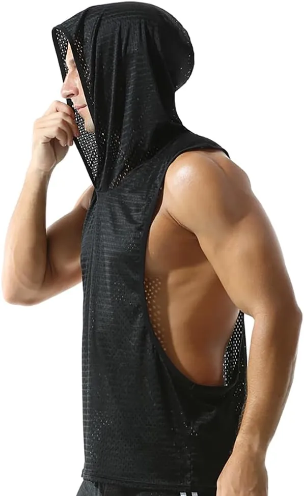 Men's Mesh Hooded Tank Tops Workout Gym Training Hoodies Sleeveless Muscle Bodybuilding Cut Off T Shirt