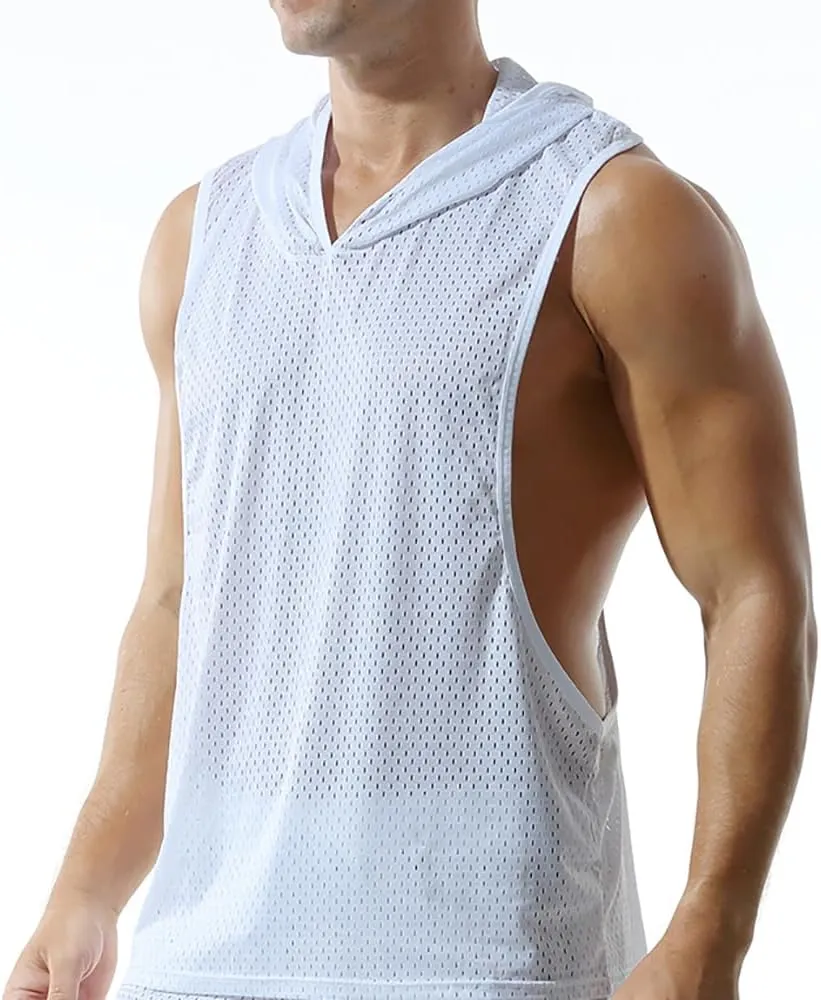 Men's Mesh Hooded Tank Tops Workout Gym Training Hoodies Sleeveless Muscle Bodybuilding Cut Off T Shirt