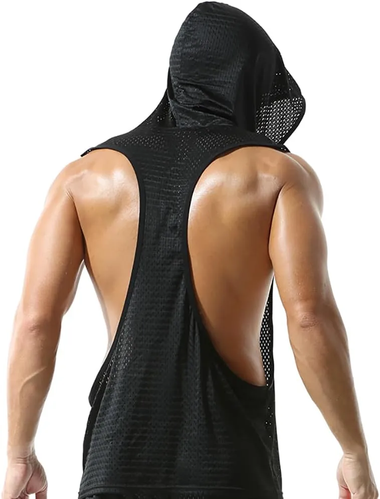 Men's Mesh Hooded Tank Tops Workout Gym Training Hoodies Sleeveless Muscle Bodybuilding Cut Off T Shirt