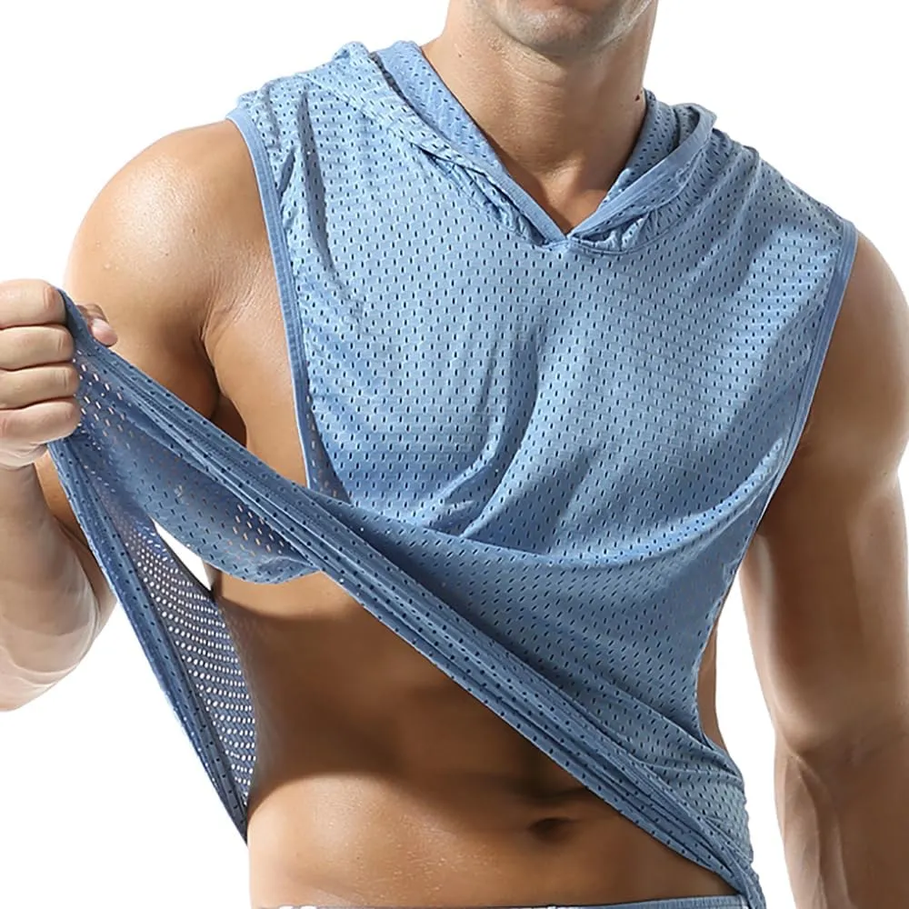 Men's Mesh Hooded Tank Tops Workout Gym Training Hoodies Sleeveless Muscle Bodybuilding Cut Off T Shirt