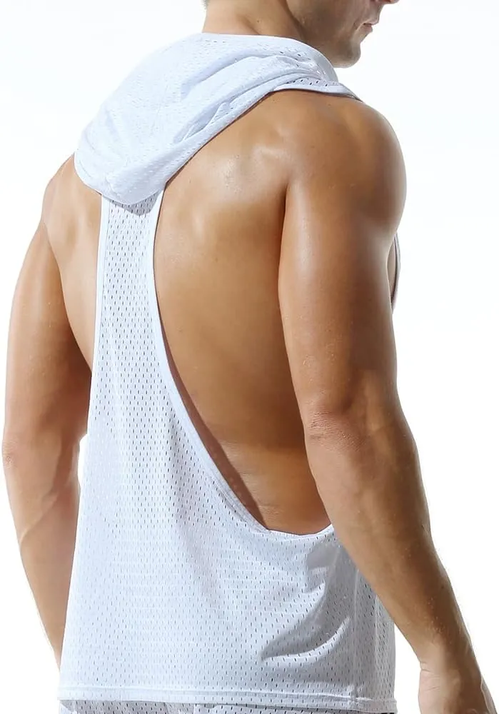 Men's Mesh Hooded Tank Tops Workout Gym Training Hoodies Sleeveless Muscle Bodybuilding Cut Off T Shirt