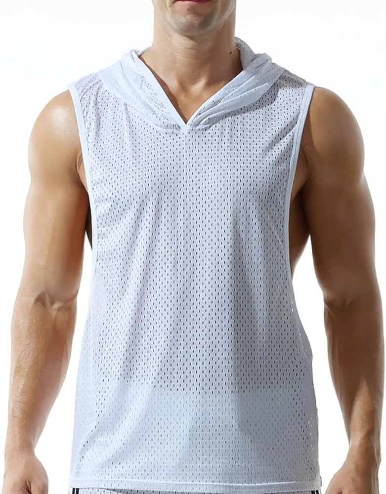 Men's Mesh Hooded Tank Tops Workout Gym Training Hoodies Sleeveless Muscle Bodybuilding Cut Off T Shirt
