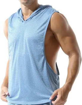 Men's Mesh Hooded Tank Tops Workout Gym Training Hoodies Sleeveless Muscle Bodybuilding Cut Off T Shirt