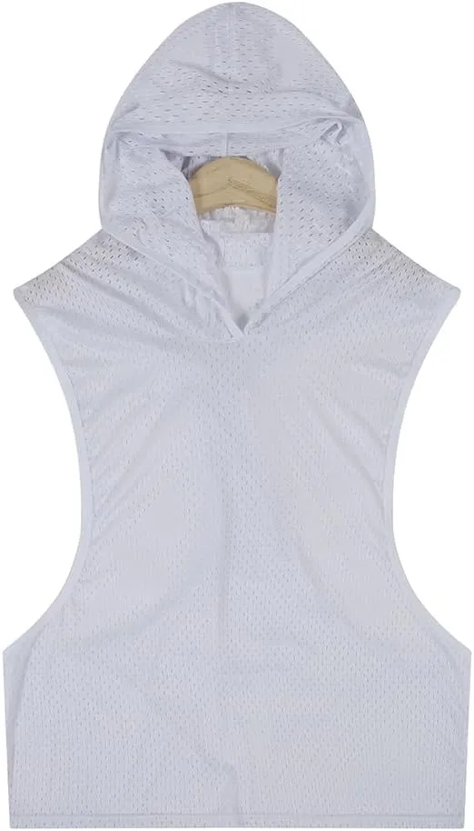 Men's Mesh Hooded Tank Tops Workout Gym Training Hoodies Sleeveless Muscle Bodybuilding Cut Off T Shirt