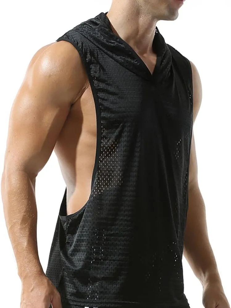 Men's Mesh Hooded Tank Tops Workout Gym Training Hoodies Sleeveless Muscle Bodybuilding Cut Off T Shirt