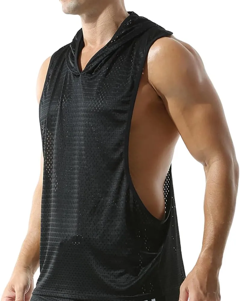Men's Mesh Hooded Tank Tops Workout Gym Training Hoodies Sleeveless Muscle Bodybuilding Cut Off T Shirt
