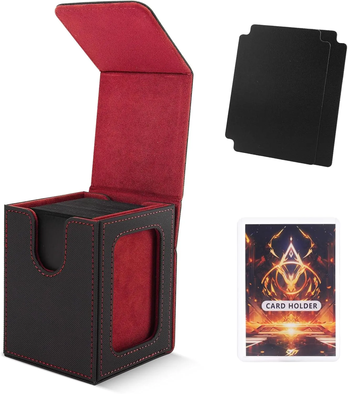 MTG Deck Box for Commander Display,Card Deck Case Fits 100 Double Sleeved Cards, Magic Commander TCG Card Leather Storage Box with 2 Dividers and 1 Toploader (B/R)