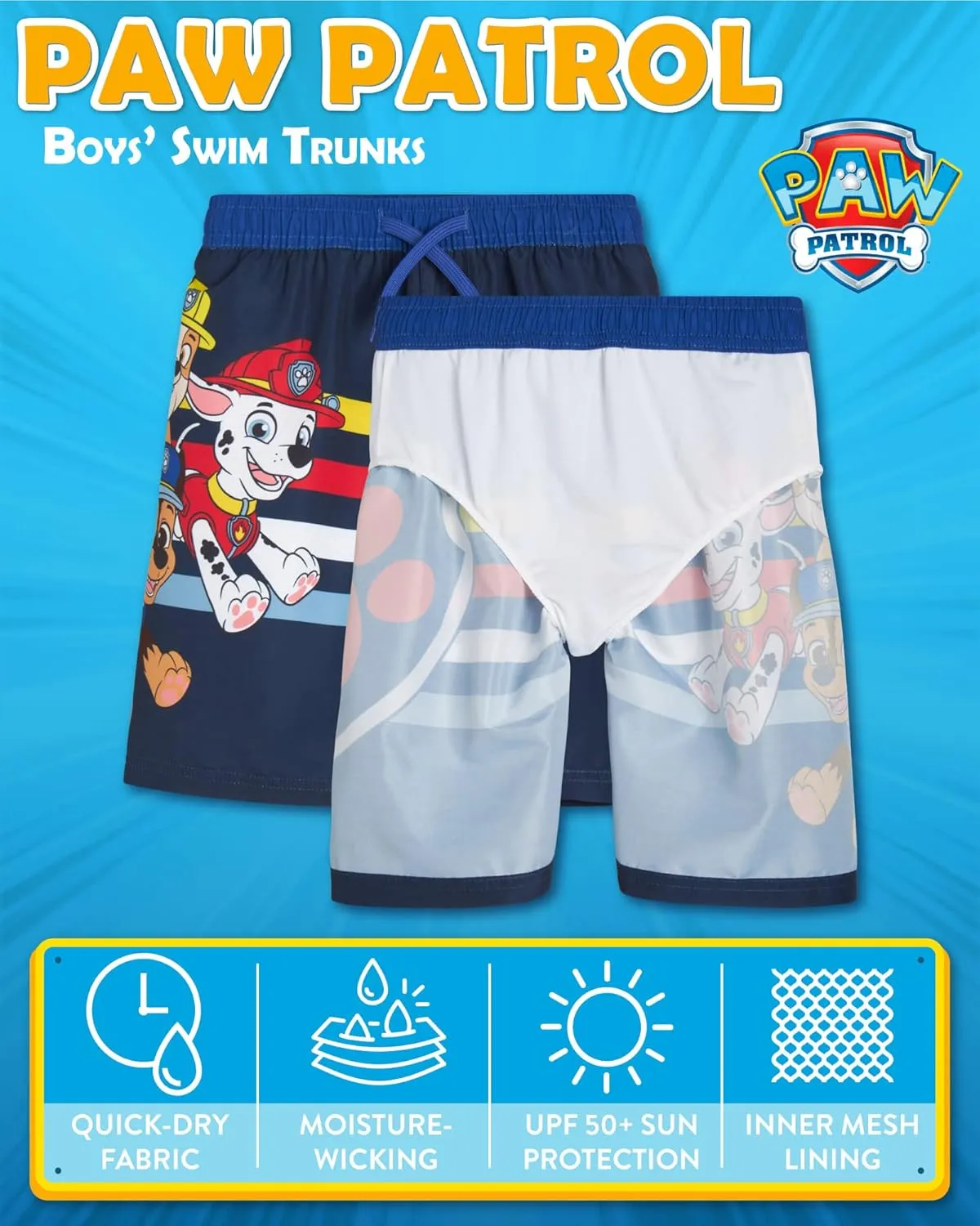 Nickelodeon Boys Swim Trunks - Paw Patrol Chase Marshall Rubble TMNT UPF 50  Boys Swim Shorts for Toddler and Little Boy