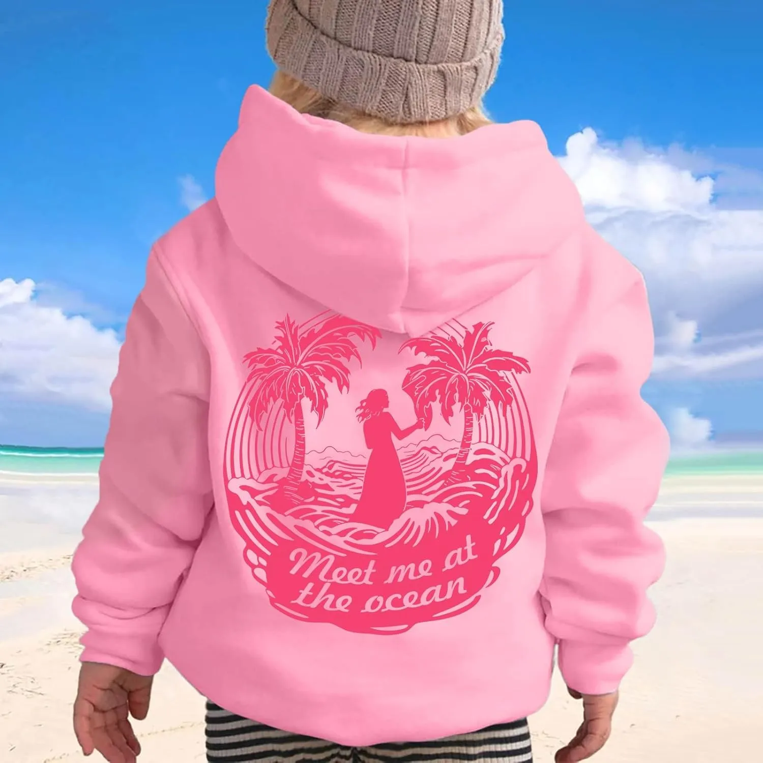 Pink Hoodies For Women Girls Meet Me At The Ocean Hoodie Cute Preepy Graphic Sweatshirts Y2K Tops With Pockets 2025