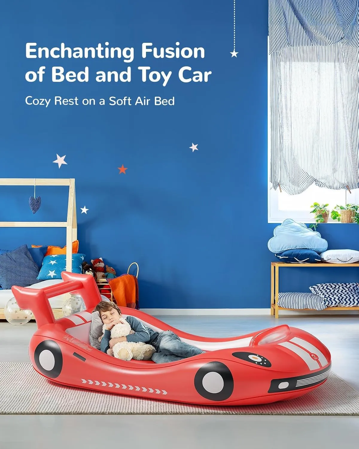 QPAU Inflatable Kids Bed, Toddler Travel Bed with Sides, for Camping, Traveling, Hotel, or Home Use, Hand Pump Included