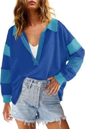 ReachMe Womens Oversized Striped Sweatshirts V Neck Loose Fit Tunic Colorblock Polo Shirts Patchwork Pullover Tops