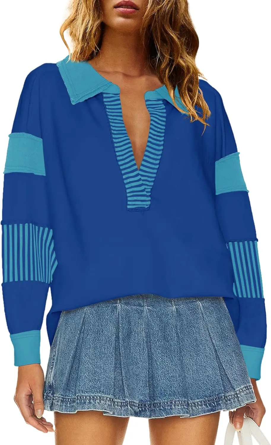 ReachMe Womens Oversized Striped Sweatshirts V Neck Loose Fit Tunic Colorblock Polo Shirts Patchwork Pullover Tops
