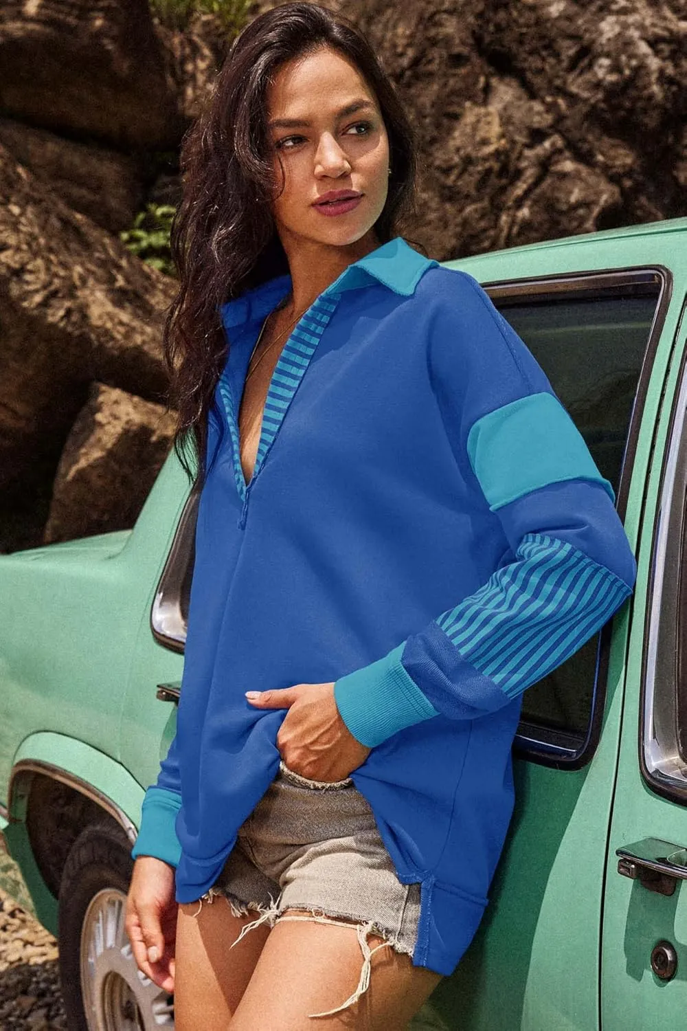 ReachMe Womens Oversized Striped Sweatshirts V Neck Loose Fit Tunic Colorblock Polo Shirts Patchwork Pullover Tops
