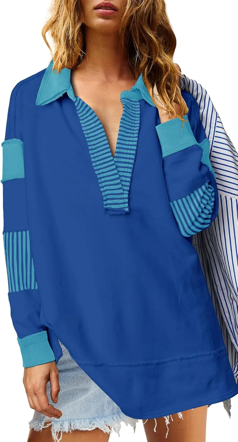 ReachMe Womens Oversized Striped Sweatshirts V Neck Loose Fit Tunic Colorblock Polo Shirts Patchwork Pullover Tops