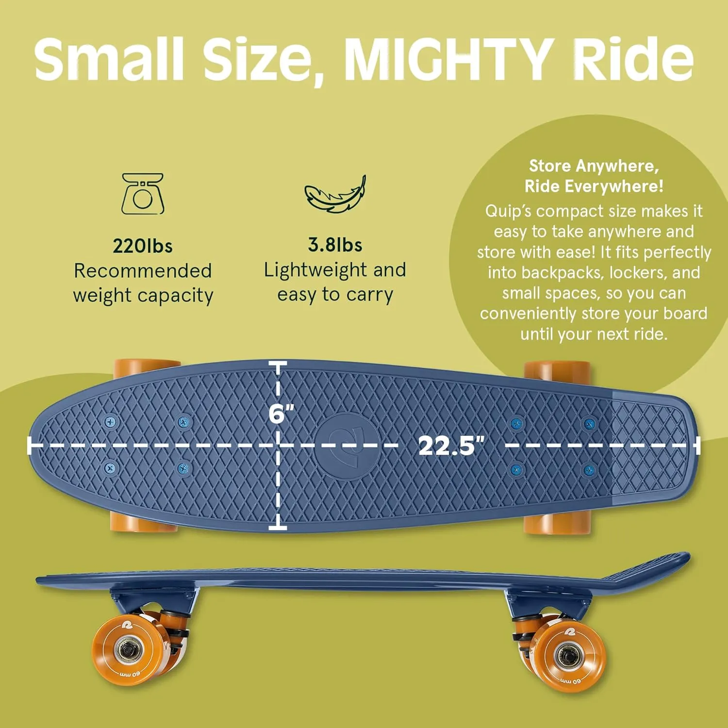 Retrospec Quip Mini Cruiser Skateboard 22.5" Classic Retro Plastic Cruiser Complete Skateboard with ABEC 7 Bearings and PU Wheels Compact Board w/Grippy, Molded Waffle Deck