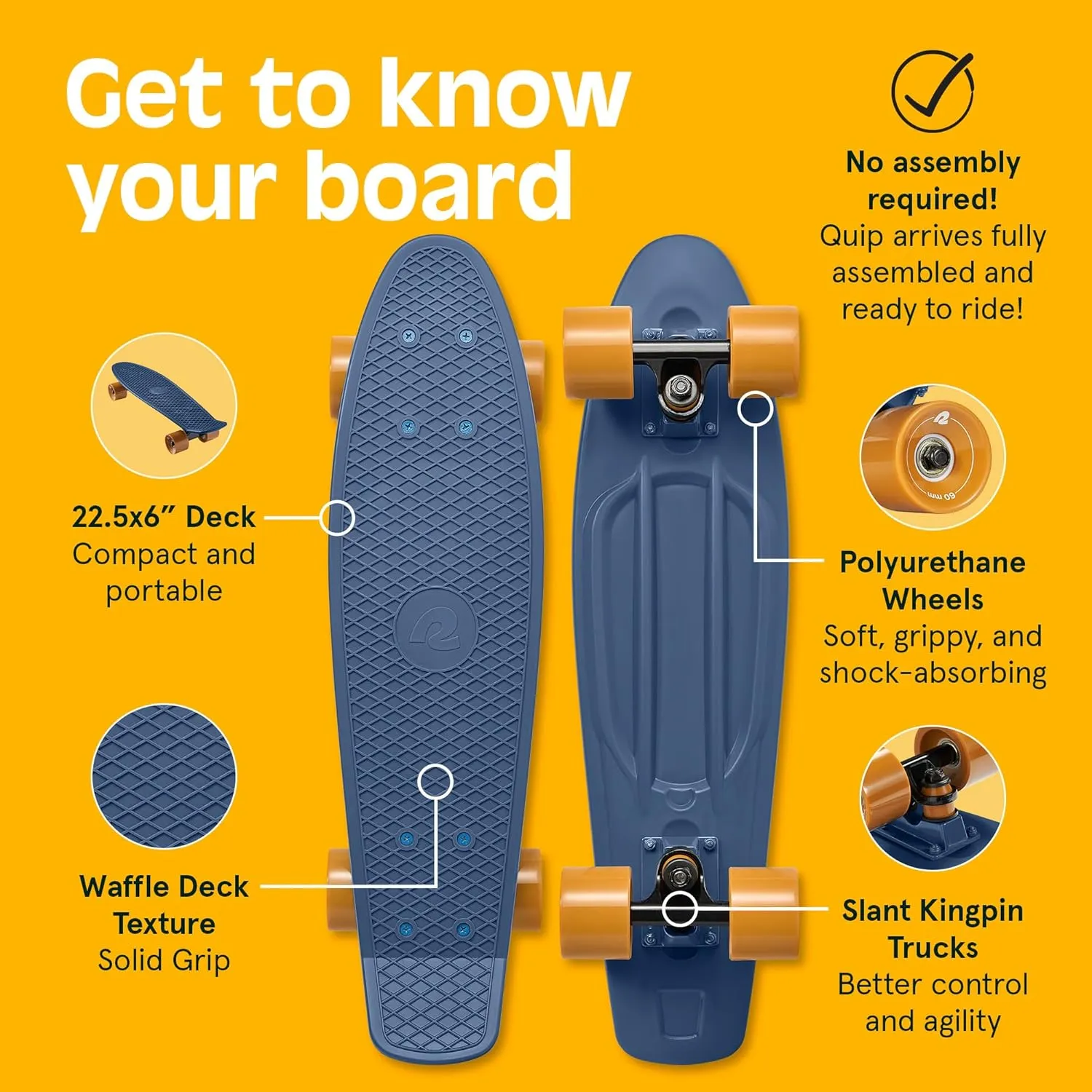 Retrospec Quip Mini Cruiser Skateboard 22.5" Classic Retro Plastic Cruiser Complete Skateboard with ABEC 7 Bearings and PU Wheels Compact Board w/Grippy, Molded Waffle Deck