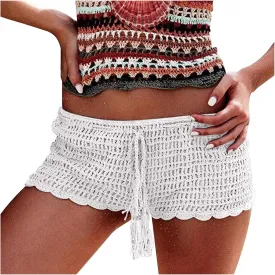 Short Shorts for Women Casual Knitted Crochet Comfort Elastic Waist Solid Color Hollow Out Summer Lounge Shorts Pants
