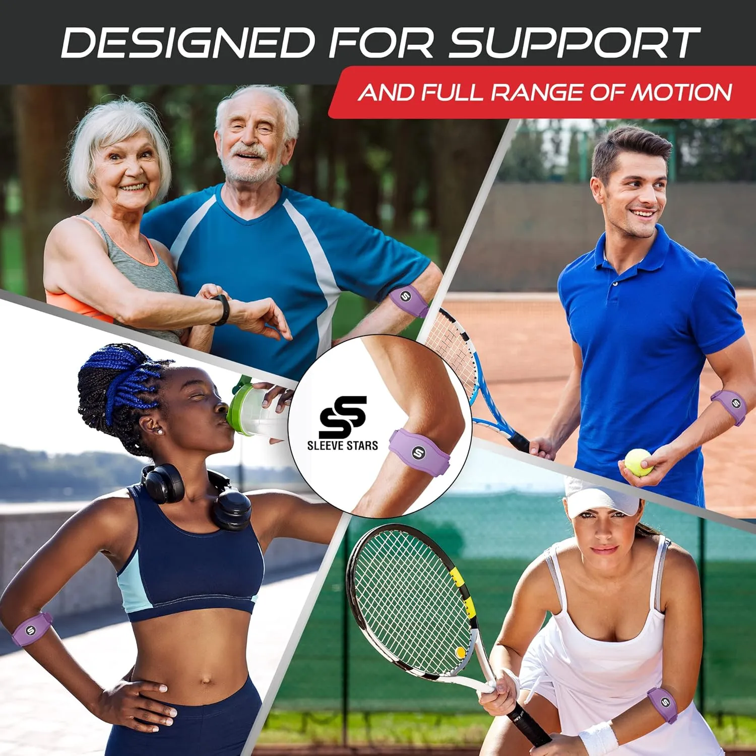 Sleeve Stars Tennis Elbow Support Strap, Golfers Elbow Support for Men & Women Epicondylitis Clasp, Counterforce Arm Band for Tendonitis Relief, w/ 3 Straps Length, Fits 9"-23" (Light Purple)