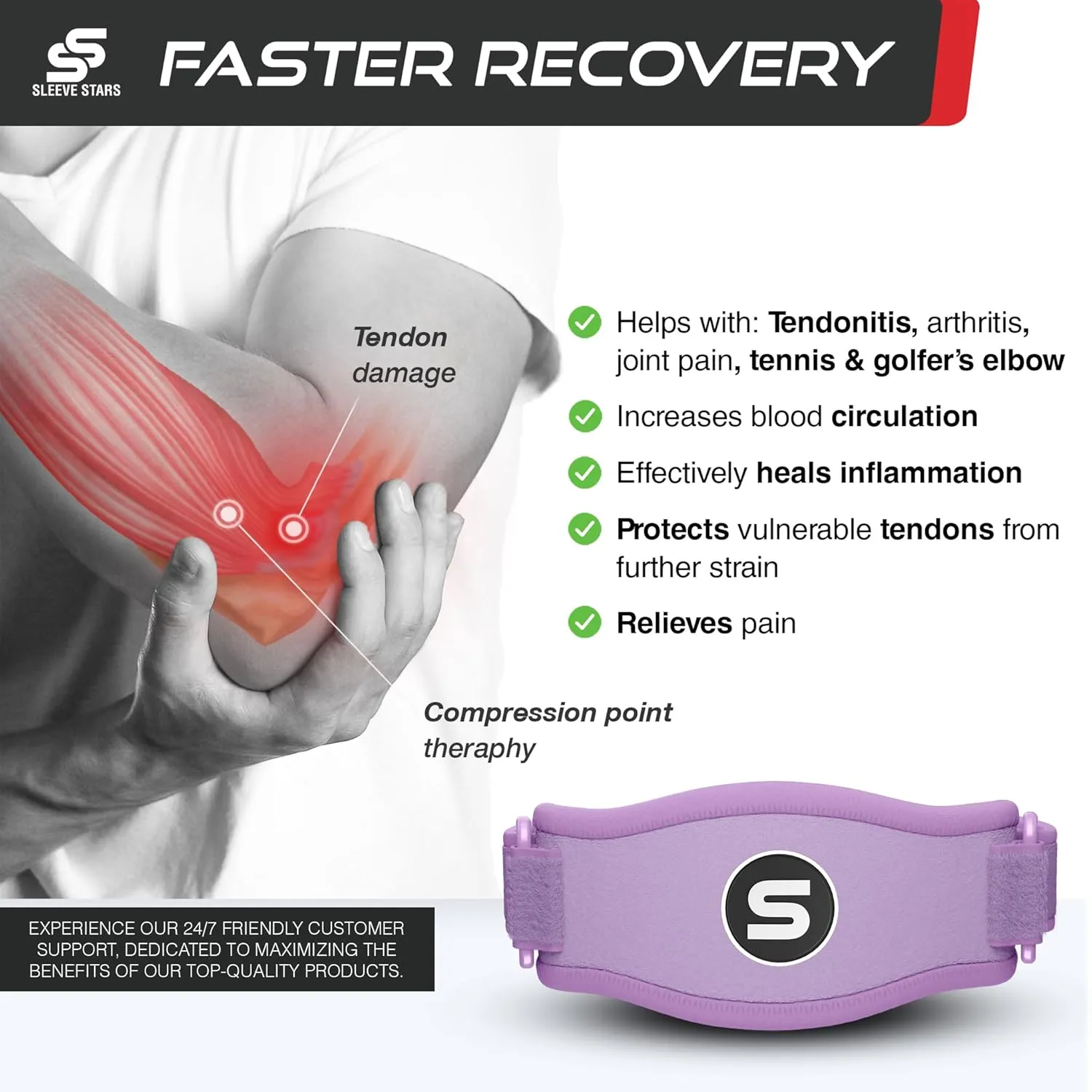 Sleeve Stars Tennis Elbow Support Strap, Golfers Elbow Support for Men & Women Epicondylitis Clasp, Counterforce Arm Band for Tendonitis Relief, w/ 3 Straps Length, Fits 9"-23" (Light Purple)