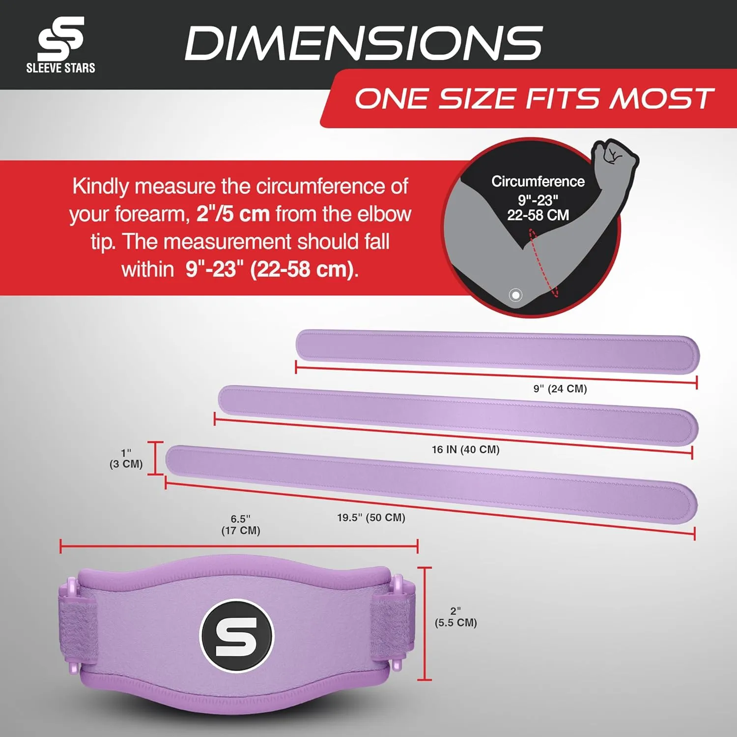 Sleeve Stars Tennis Elbow Support Strap, Golfers Elbow Support for Men & Women Epicondylitis Clasp, Counterforce Arm Band for Tendonitis Relief, w/ 3 Straps Length, Fits 9"-23" (Light Purple)