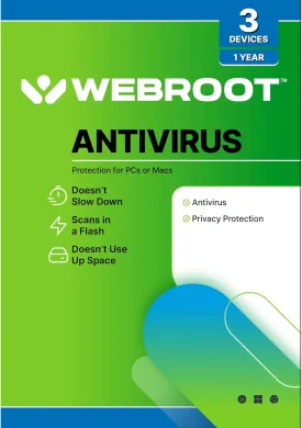 Webroot Antivirus Software 2025 | 3 Device | 1 Year PC/Mac with Keycard