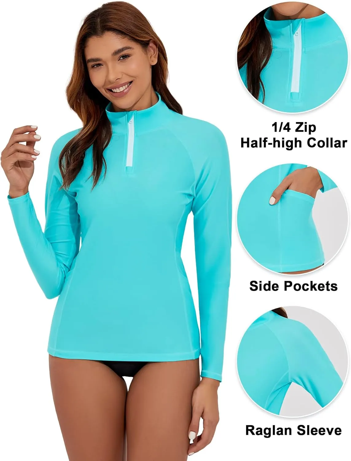 Women's Long Sleeve Swim Shirts UPF 50  Rash Guard 1/4 Zip Rashguard Workout Tops with Pockets